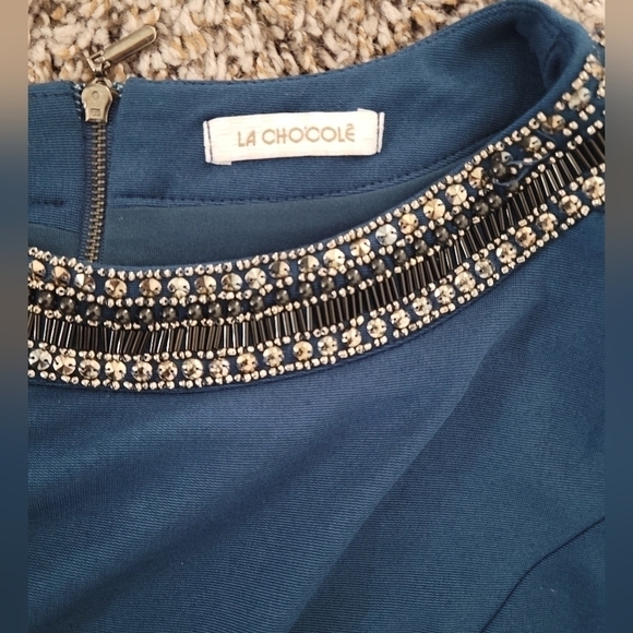 La Chocolê Bodycon Beaded Sequence Blue Midi Dress - Picture 13 of 16